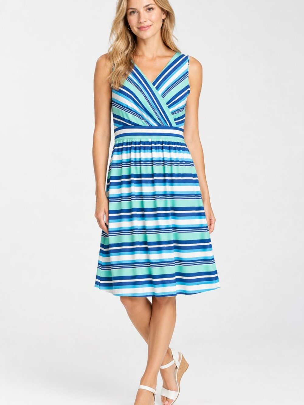 Lands' End Sleeveless Striped V-Neck Dress - Blue & Mint Size Small